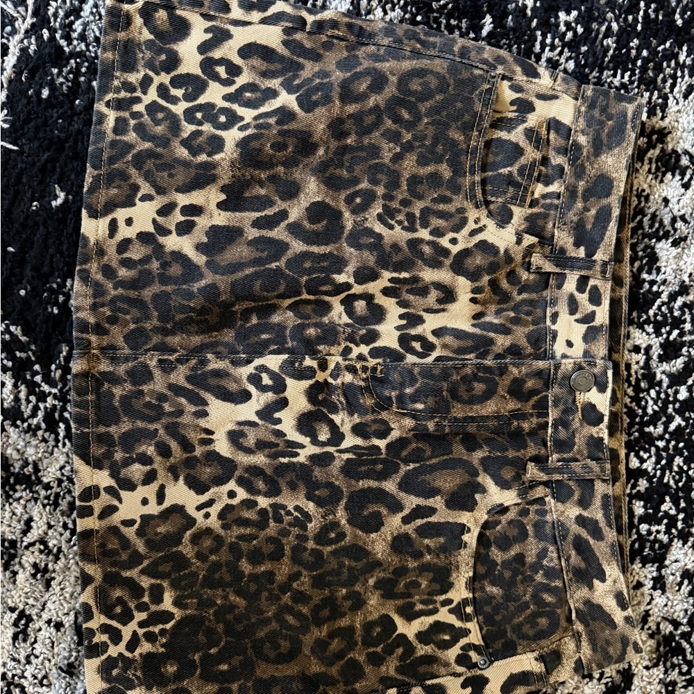 Leopard Print Denim Mini Skirt - Brown & Black